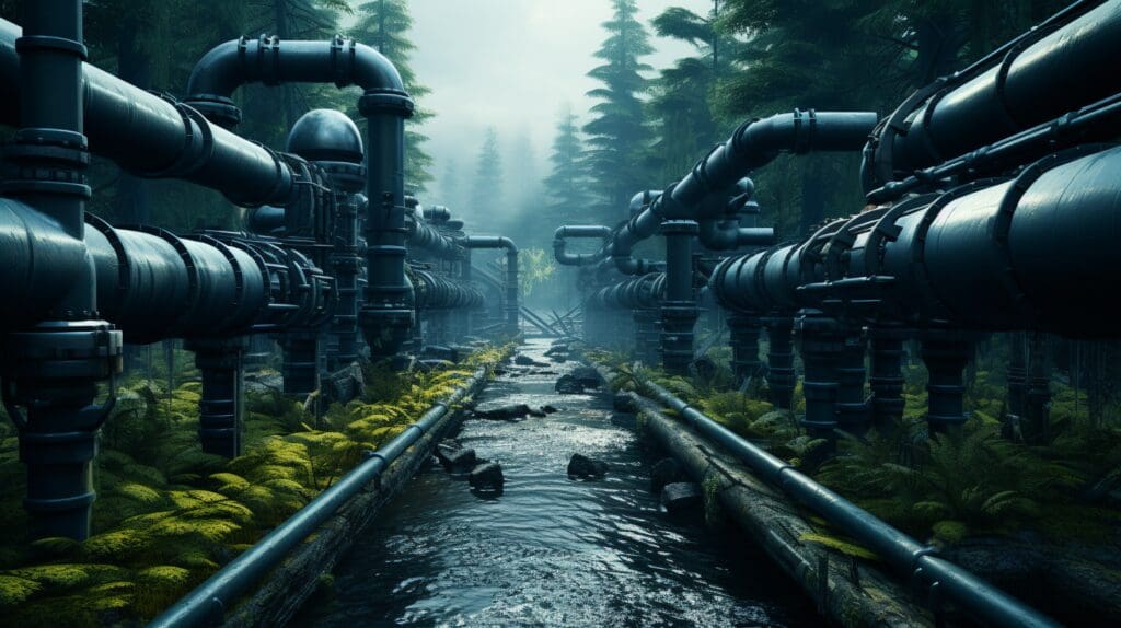 many pipelines running across river in dark forest